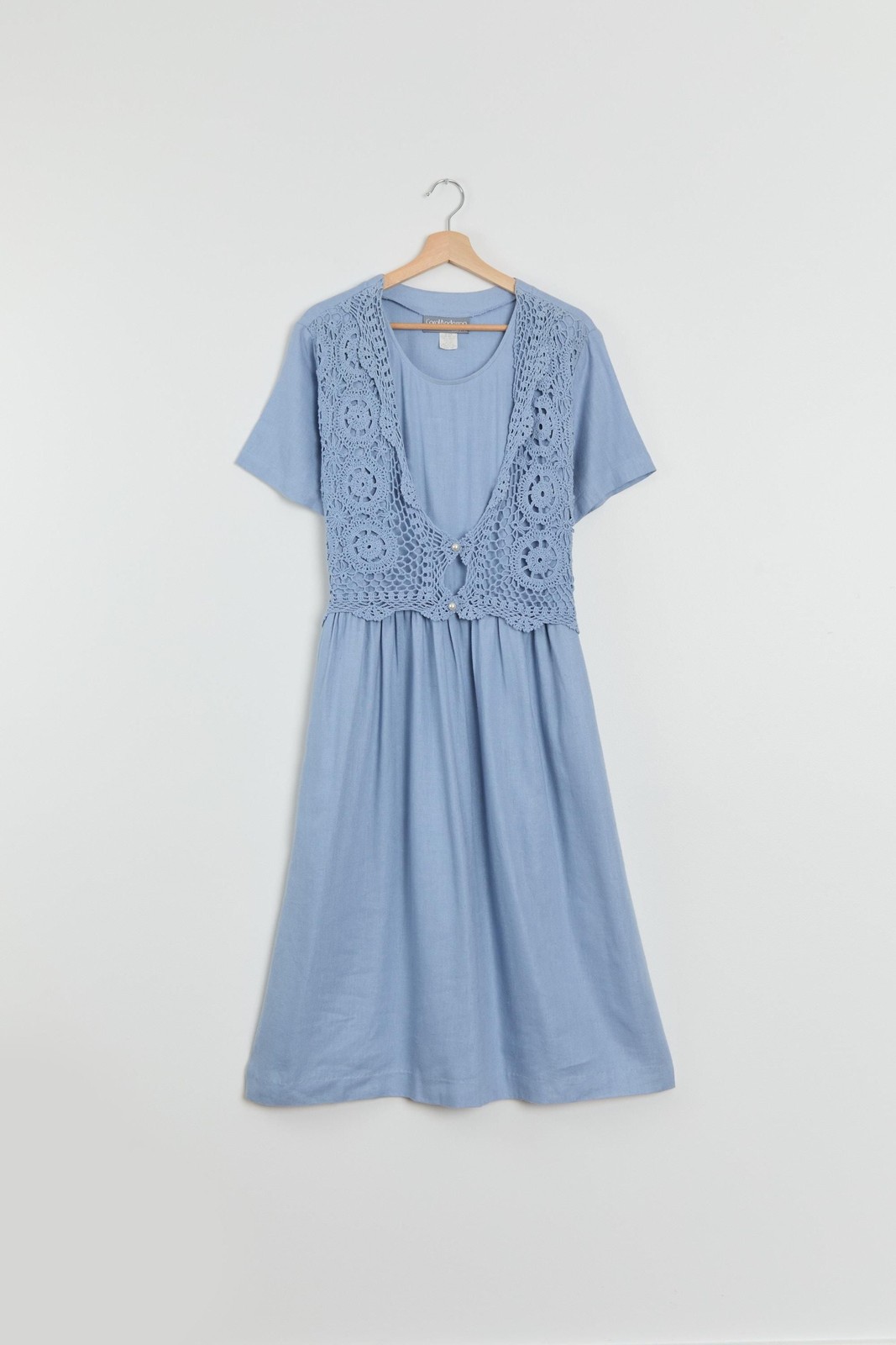 90s Light Blue Crochet Layered Tie Back Dress L