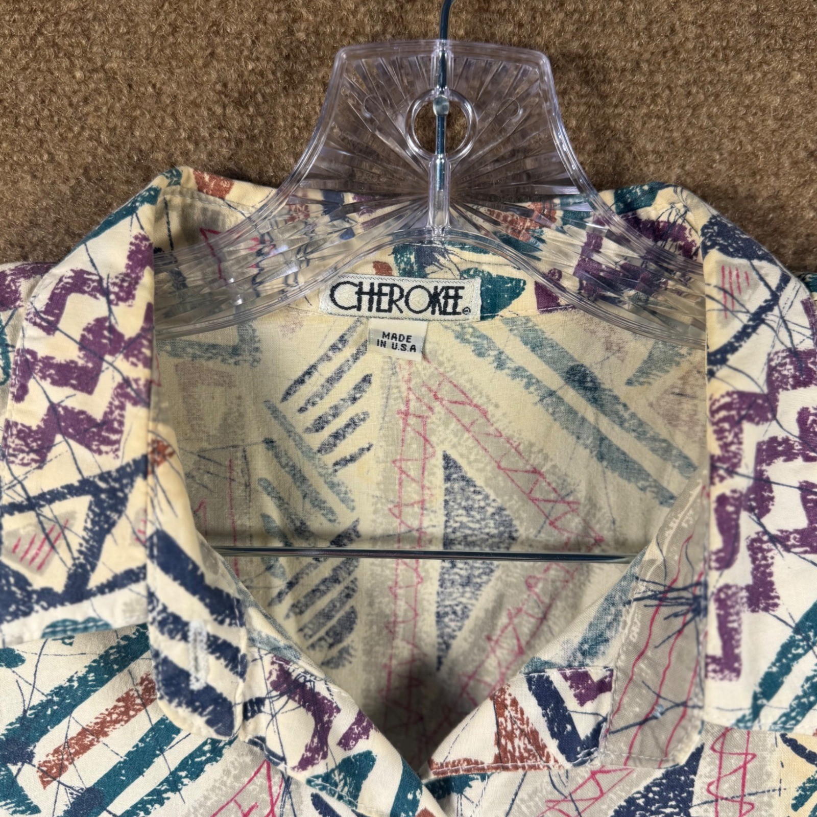 VTG Plus Size Cherokee Shirt Button Abstract XL 2XL 22W Geometric Tribal 90s USA
