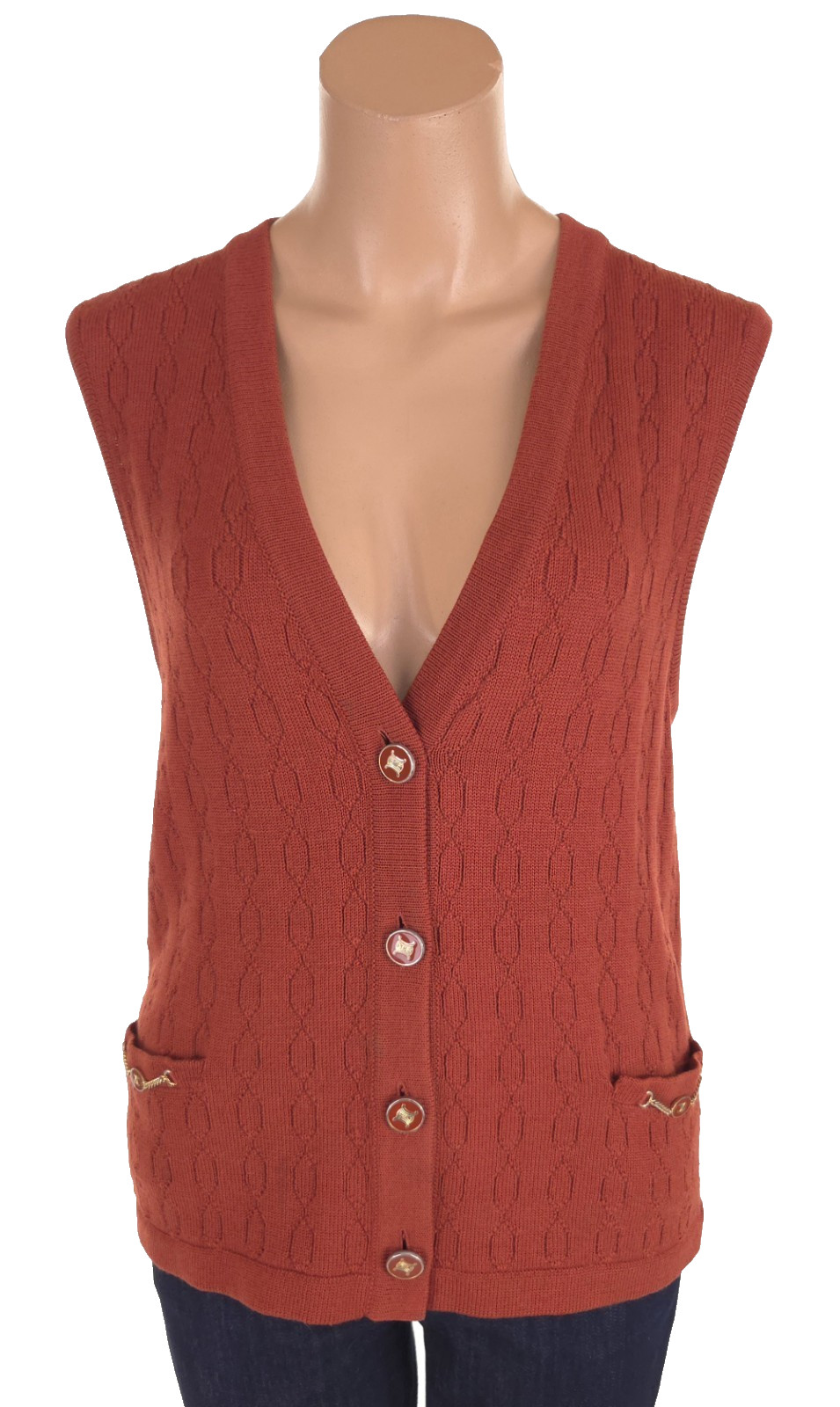 Vintage 80s 90s Celine Paris Sweater Vest Size 42 M Orange Logo Chainlink Knit