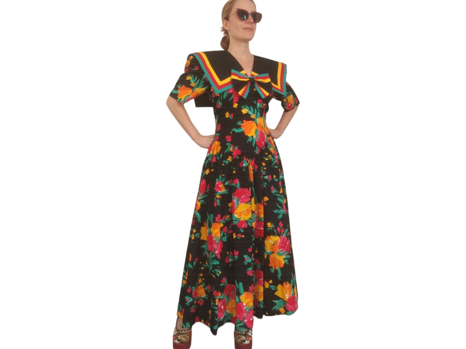 80s Colorful Floral Dress Tropical Jamaica Colors Full Skirt Cotton Vintage S