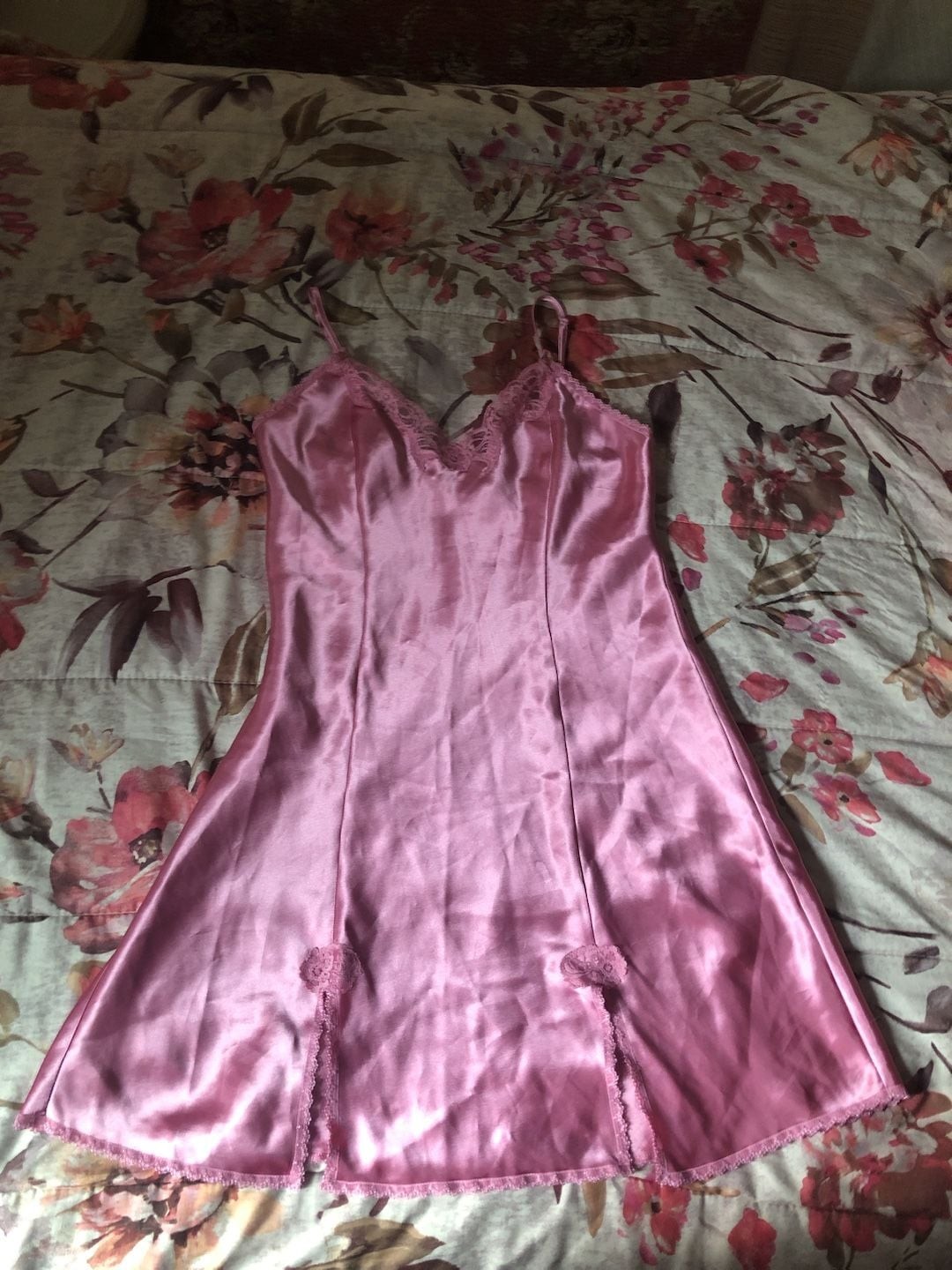 Delicates Pink Satin Slip Dress with Lace Trim
