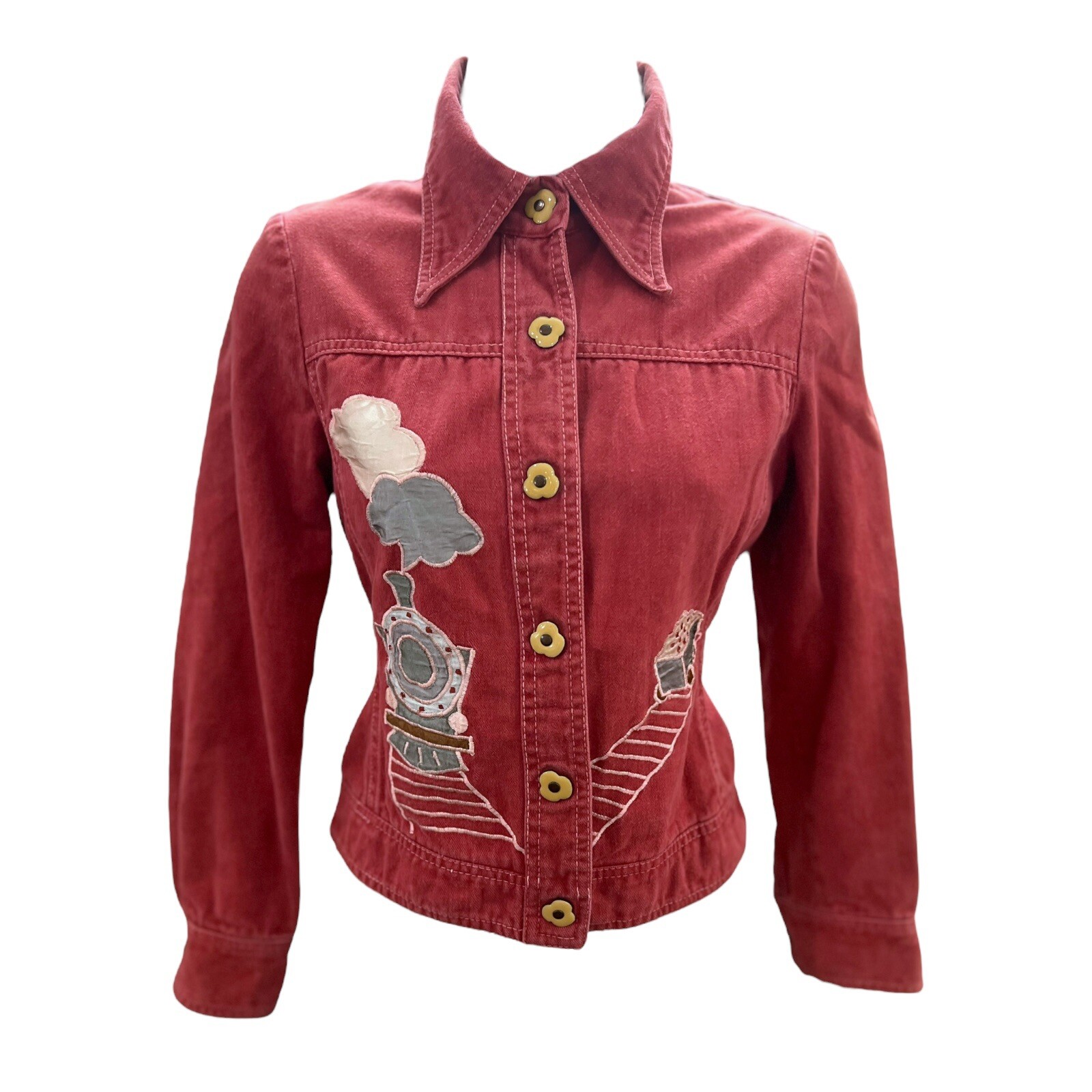 1970s Roncelli Denim Jacket Novelty Train Appliqué Vintage Top Wearable Art Sz S