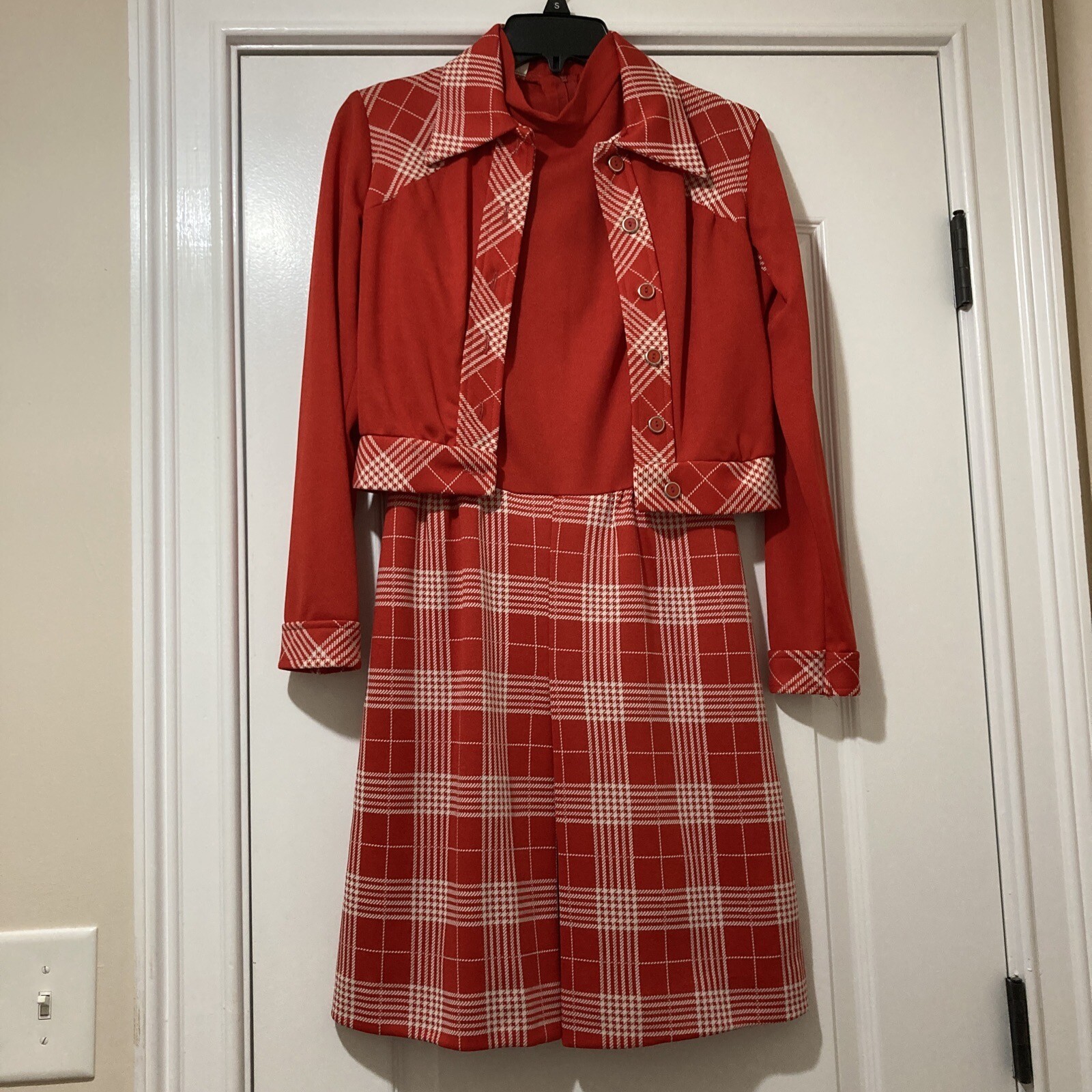 Vintage Womens Dress And Jacket Set Red And White Measurements In Photos