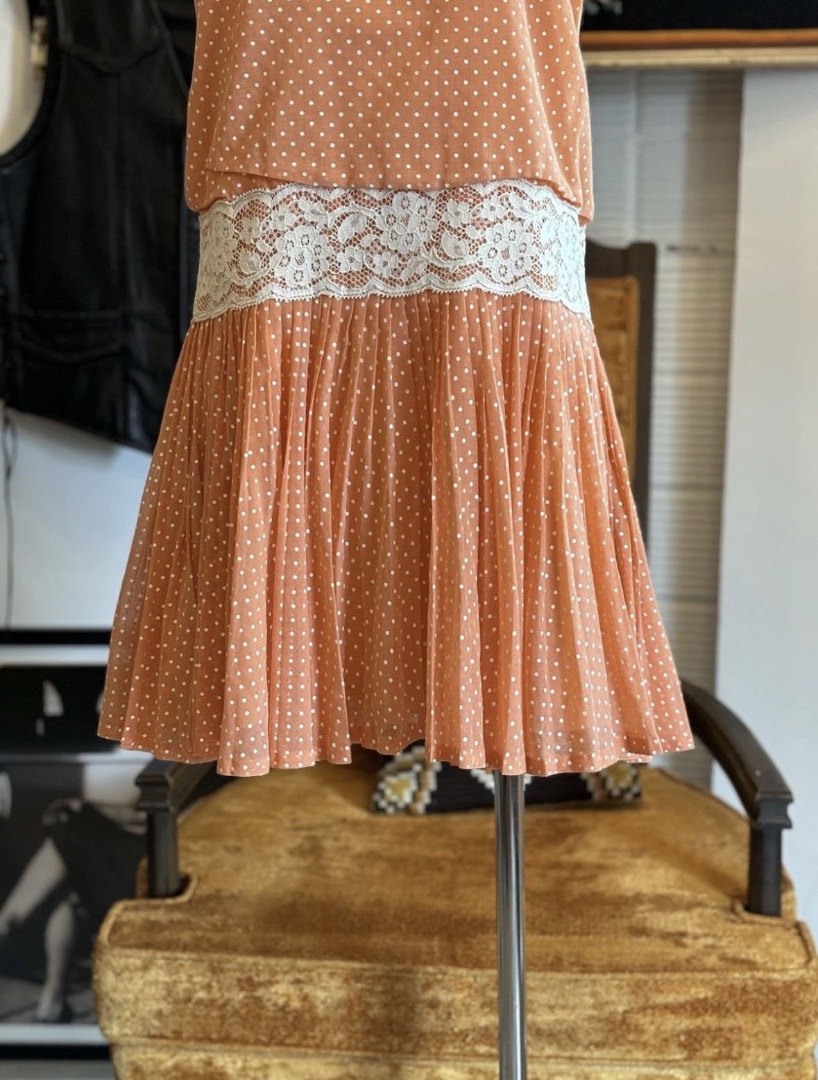 Vintage 60&rsquo;s Orange Polka Dot Dress Cotton Drop Waist Lace Size Small Medium