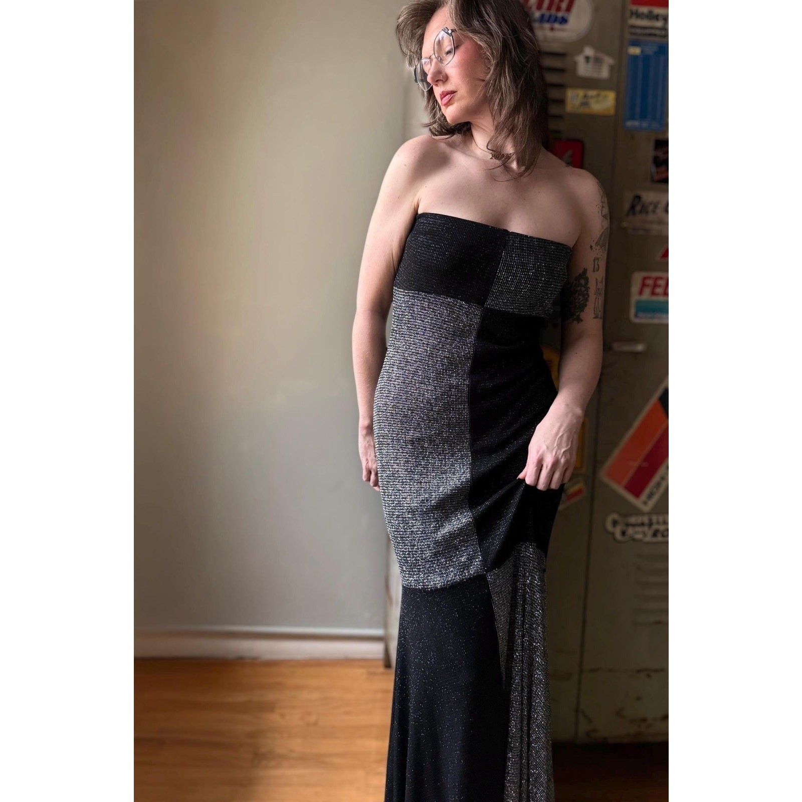 Vintage 90s Silver Strapless Gown | Black Gray Metallic Mermaid Maxi | L