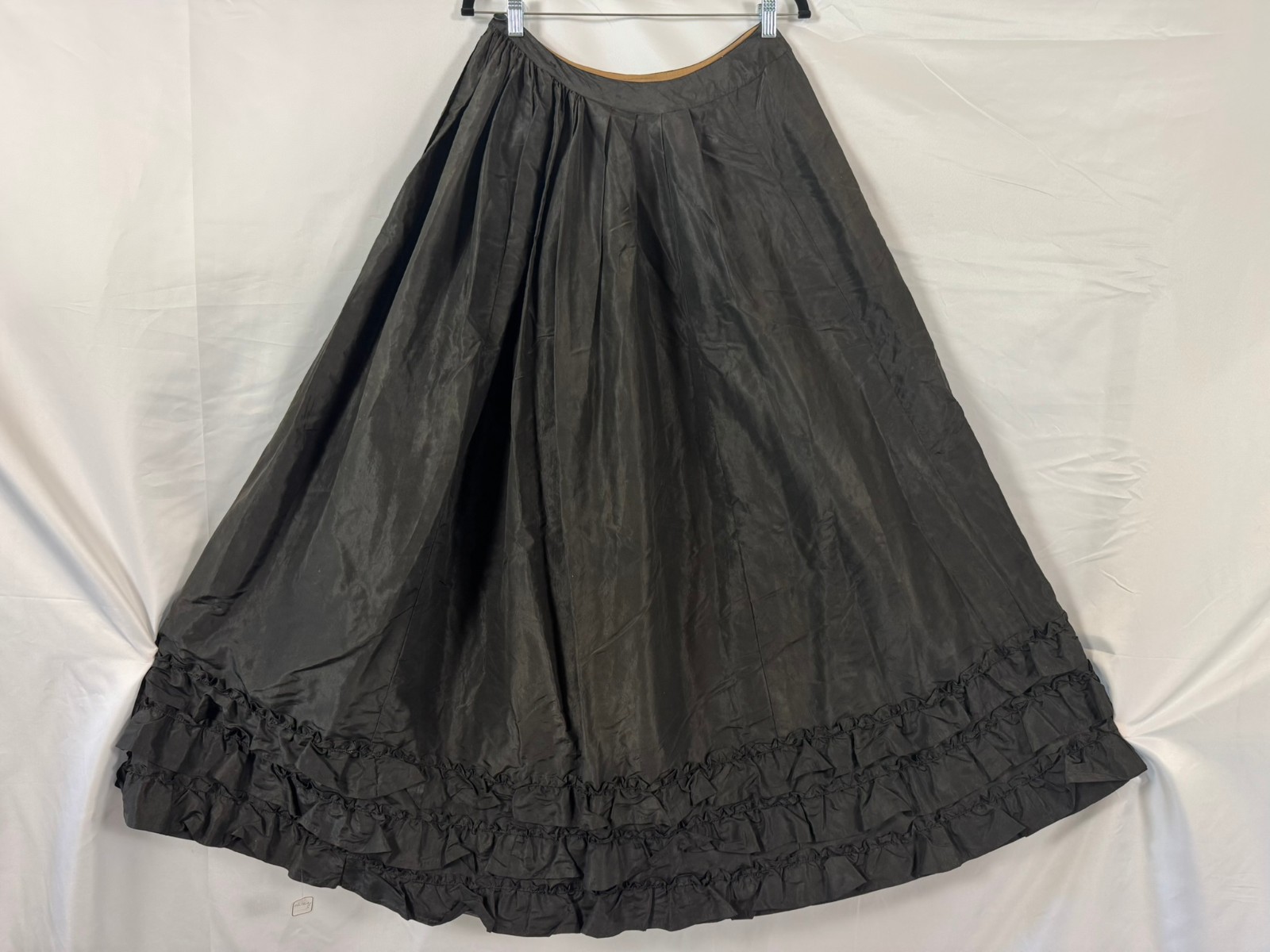 Antique Victorian Black Silk Taffeta Skirt Triple Ruffle Bustle Era Handmade
