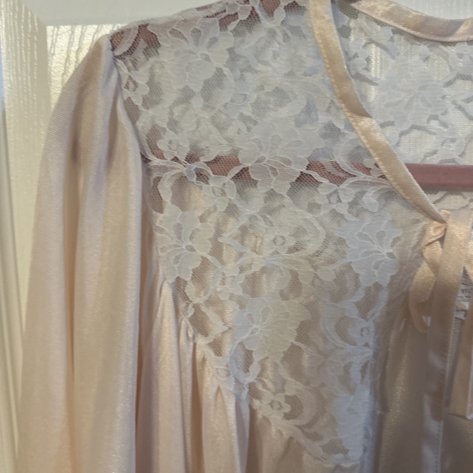 Vtg Pink Peignoir Open Front Embroidered Ruffle Lace Sz 8/16 Romantic Valentine