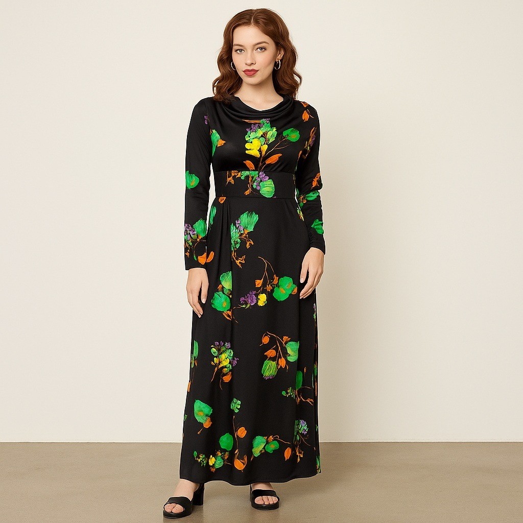 Vintage 70s Black Floral Maxi Dress S Cowl Neck Long Sleeve Mod Boho Glam