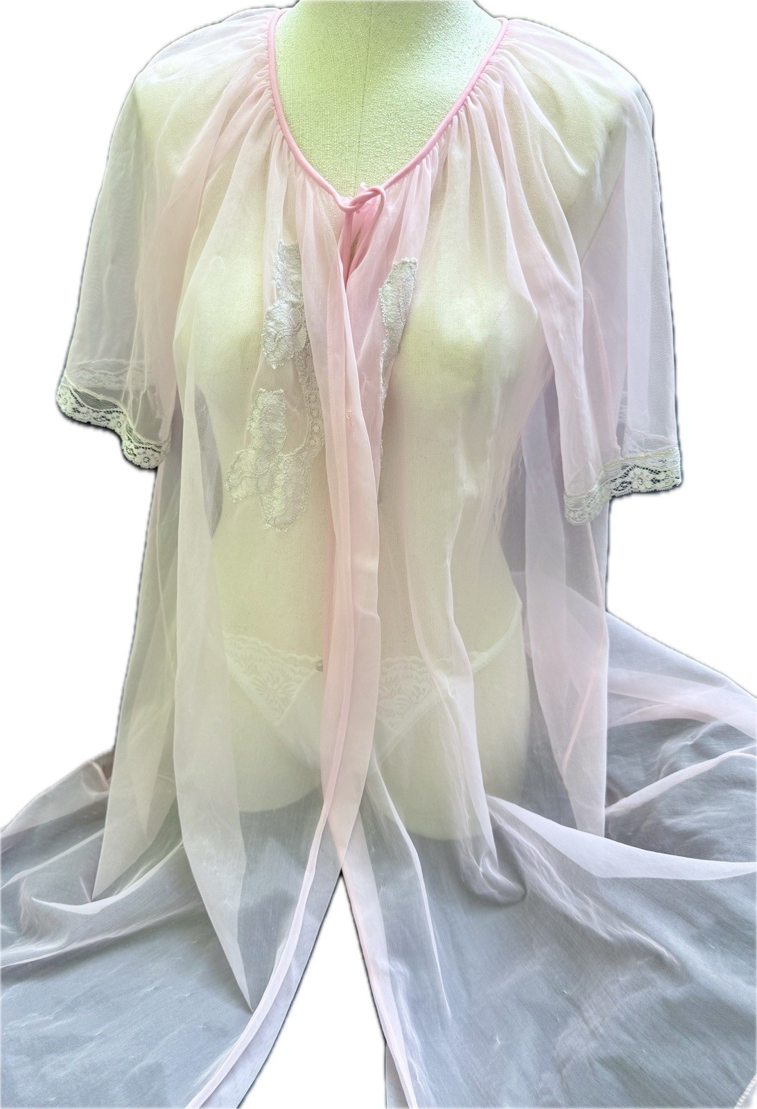 Vtg Baby Doll Robe Chiffon Lace Overlay Bust Midi 60s Candy Pink SWEEP Bow S M L