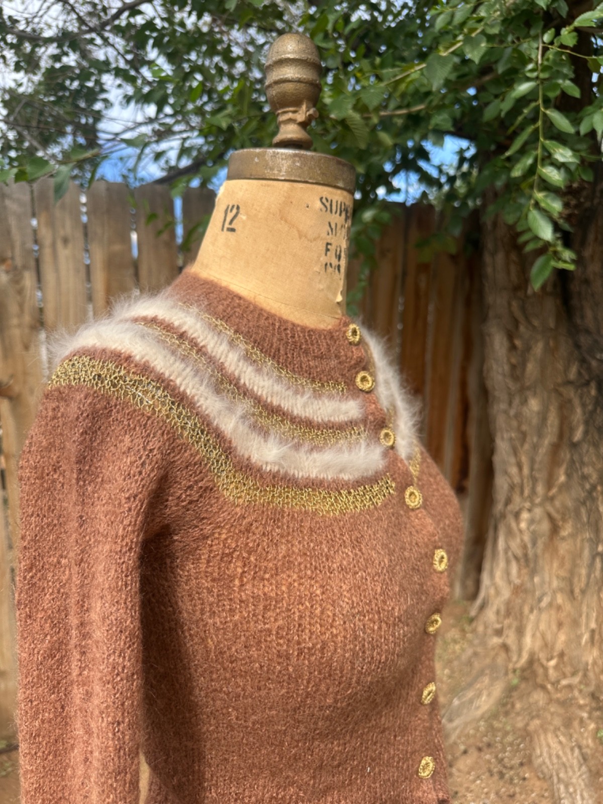 Vintage Cashmere 50s Hand Knit Sweater Girl Sweater with Angora + Gold Metallic
