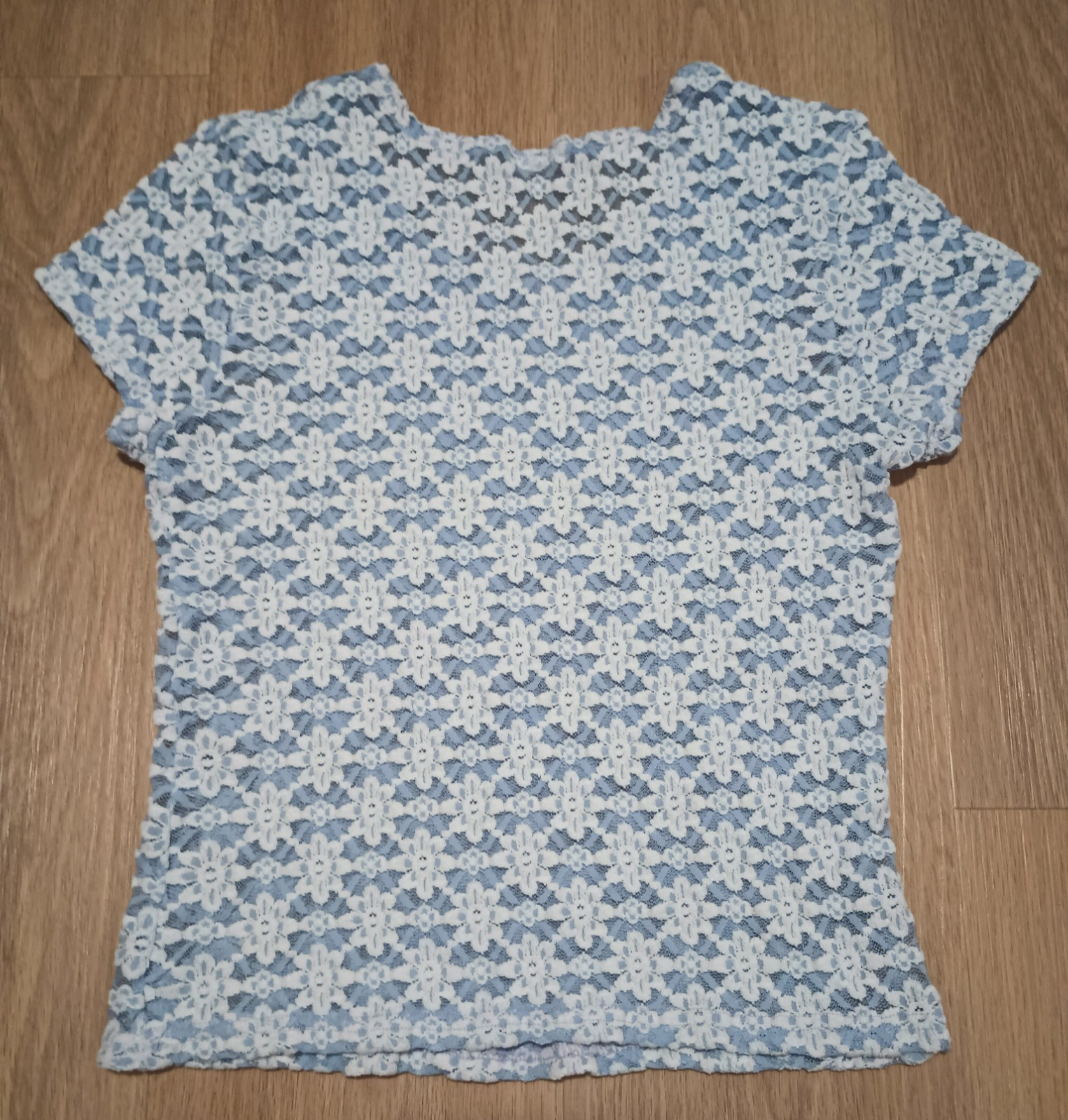 Vtg 70s Stretchy Sheer Crochet Floral Knit Powder Blue MOD Top T Shirt Blouse XS