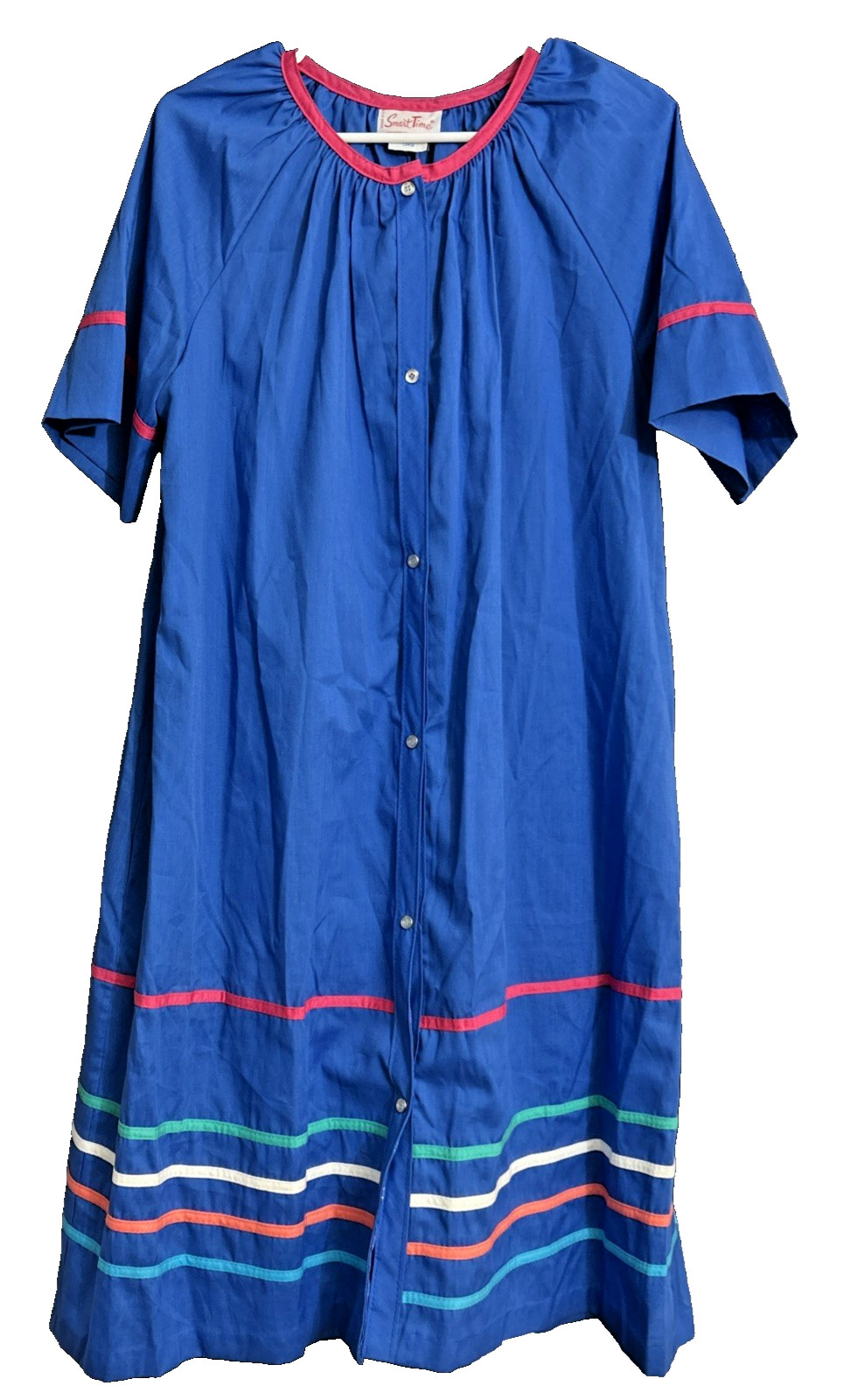 Vintage SMART TIME House Dress Size Large Blue Embroidered Lightweight Button