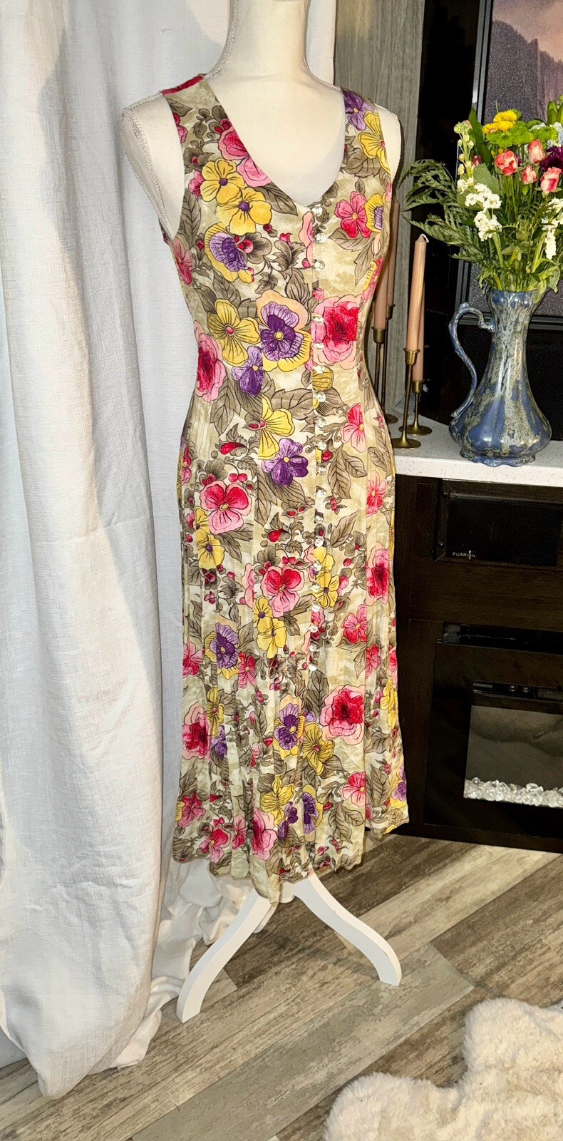 Vintage 90s Joni Blair Sleeveless Gardencore Front Floral Summer Dress Sz 7/8