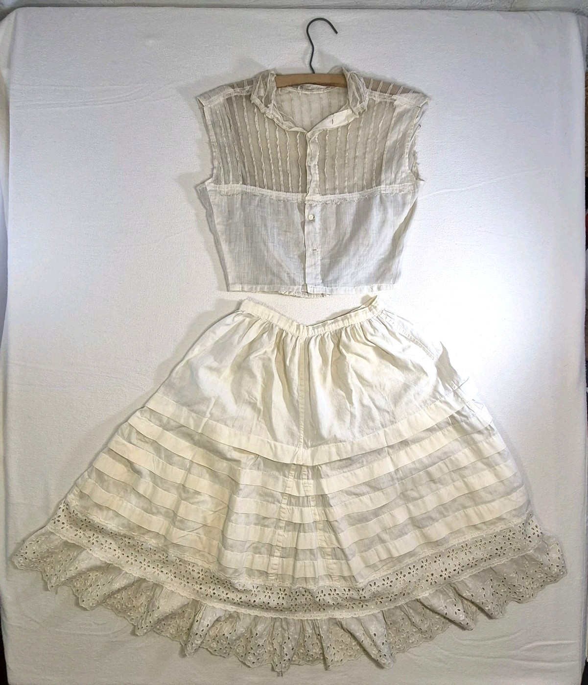 Antique Edwardian White Cotton And Lace Summer Dress Top & Petticoat Skirt