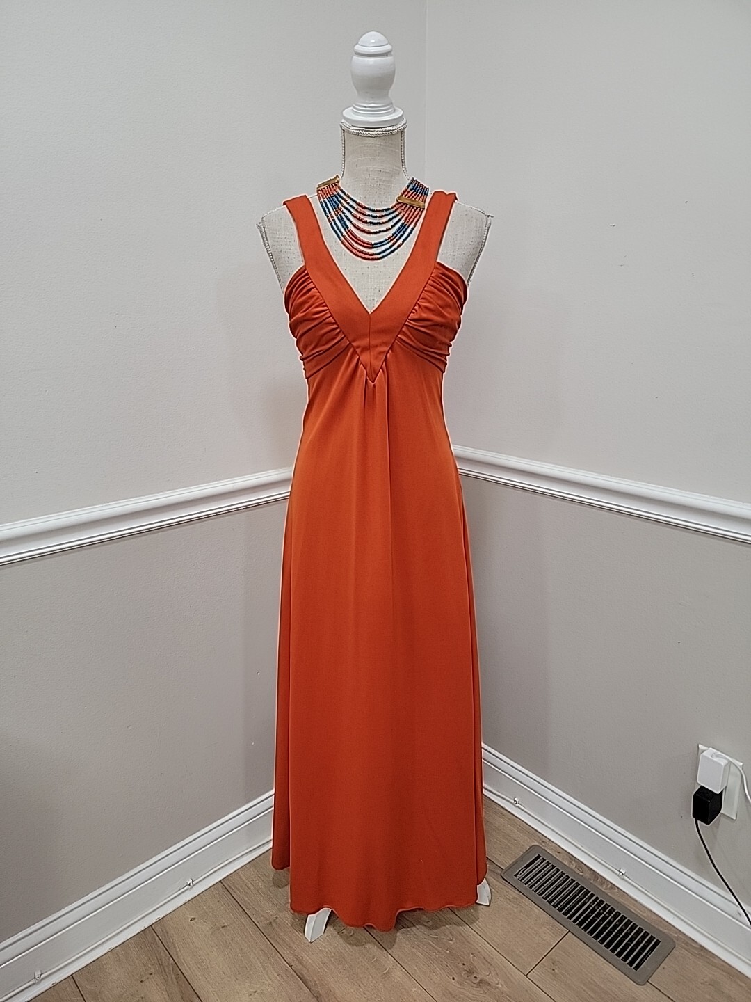 VTG&rsquo;70s Alfred Werber Empire Waist Hippie Mod Gogo Red Polyester Maxi Dress