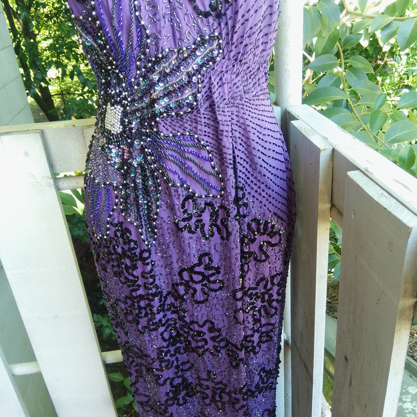 Vintage 80s Sequin Beaded Silk Purple Evening Dress Gown
