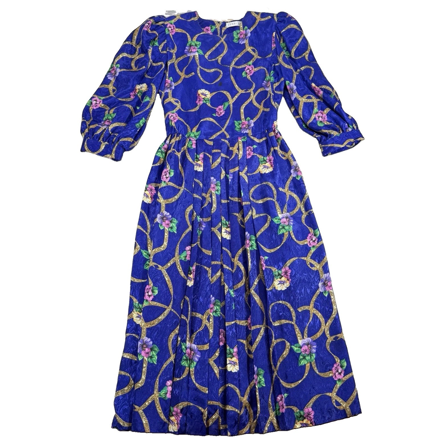 Vintage Terri Ellen Womens Size 12 Blue Floral Chain Print Midi Dress Retro 1900