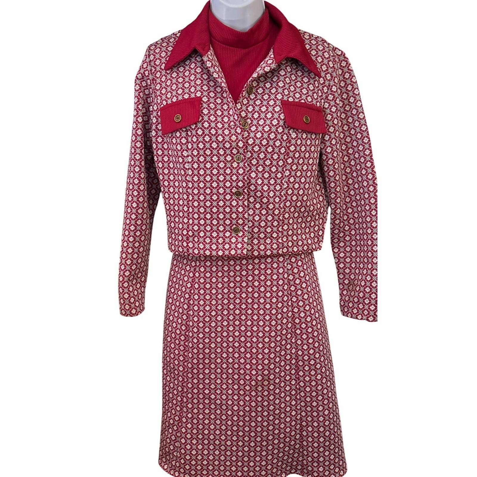 Vtg 70s Unbranded 3 Piece Skirt Set Mod Academic Geometric Red White Size 16