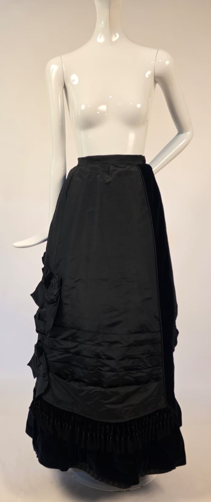 VICTORIAN 1870’S BLACK SILK RECEPTION GOWN SKIRT W SILK VELVET TRIM + TRAIN