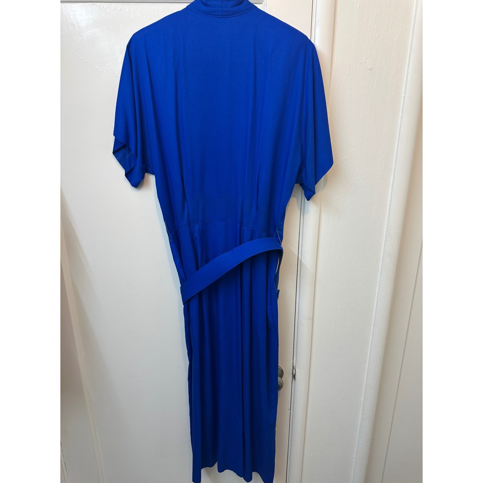 Rabbit Rabbit Designs Vintage Blue Rayon Button Front Belted Midi Dress USA Made