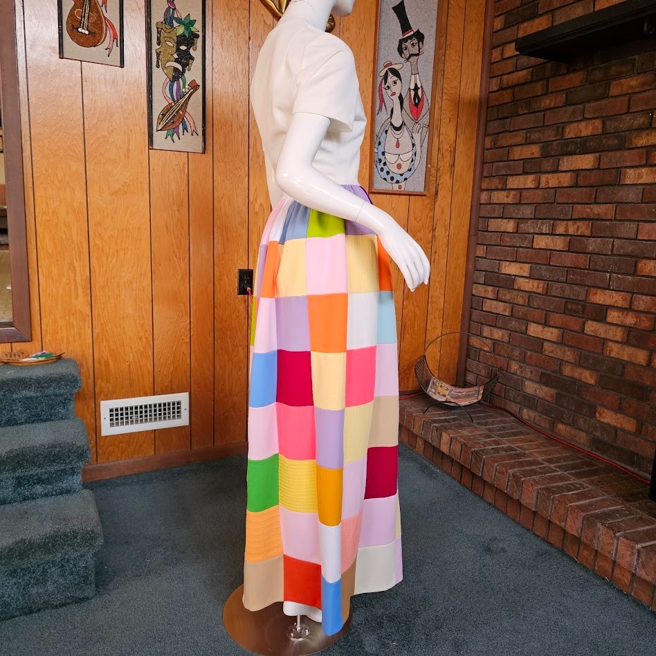 Vtg 70s Hippie Patchwork Rainbow Quilted Skirt Homespun Maxi Zip Front Dress S/M