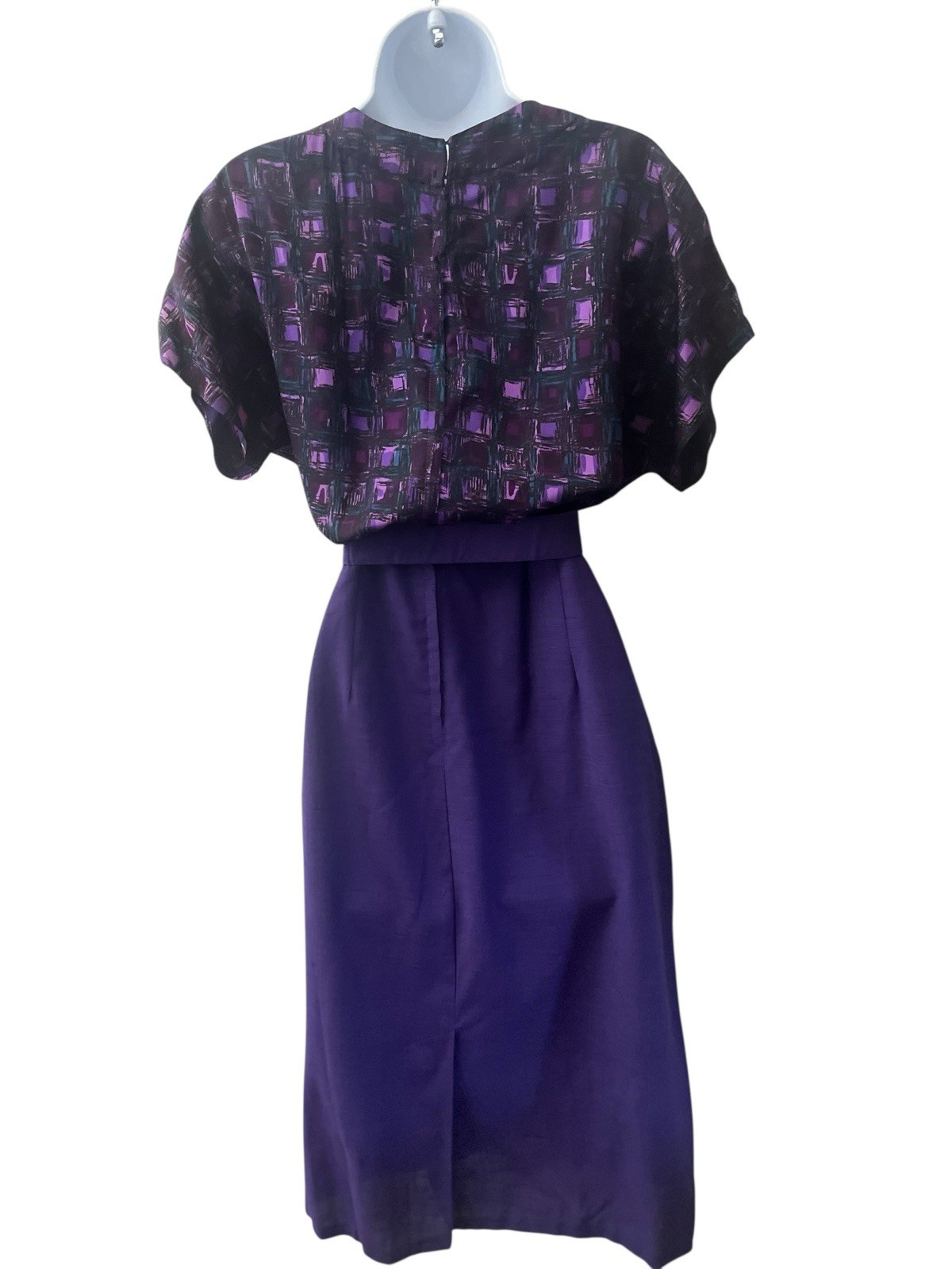 Vtg 50s Atomic Print Dress L Purple Cap Sleeve Silk Solid Skirt Belt Pencil Rare