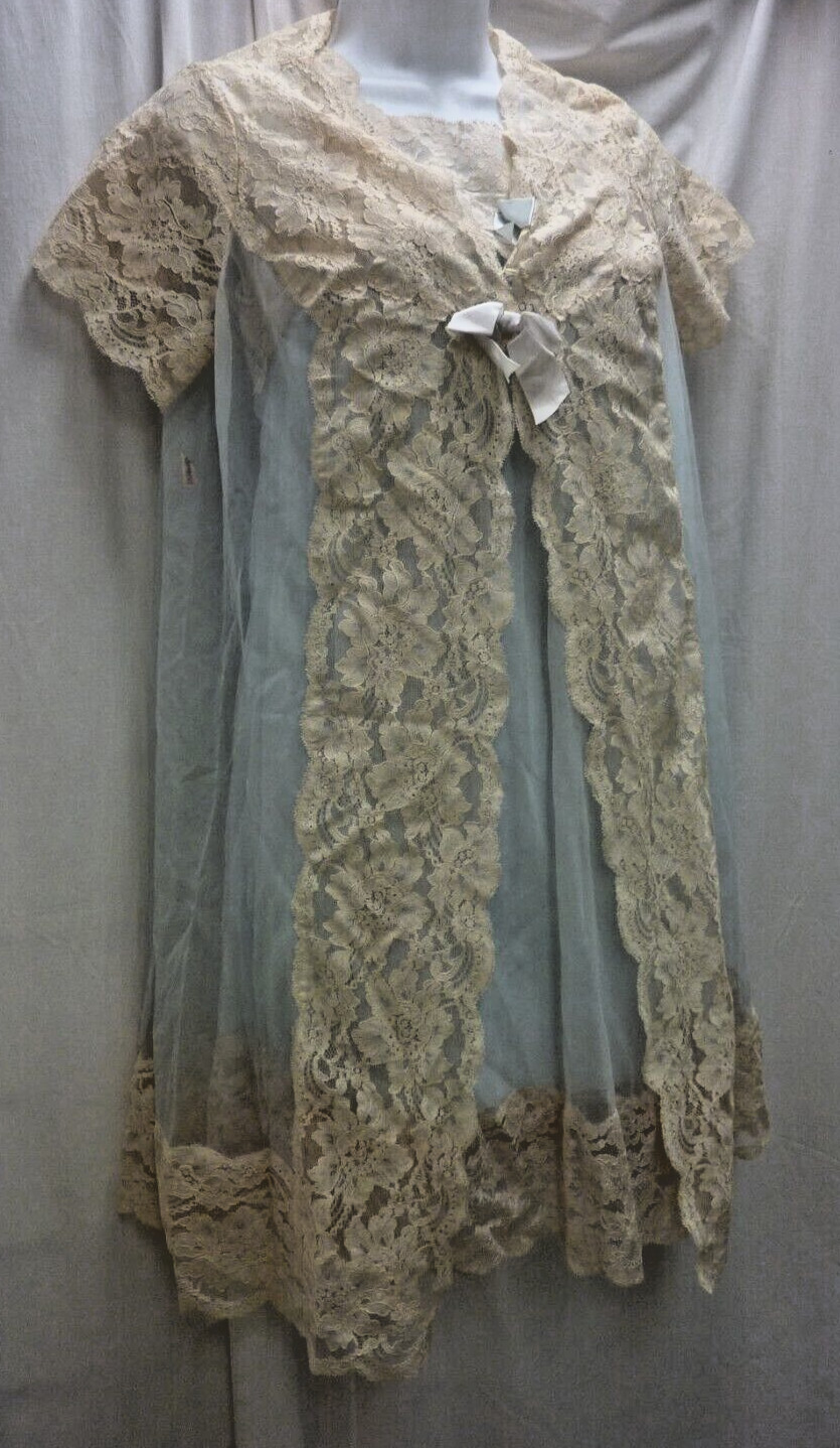 VTG BRIDAL SHADOWLINE 2 PIECE PEIGNOIR NEGLIGEE BLUE BEIGE LACE TRIM PETITE XS