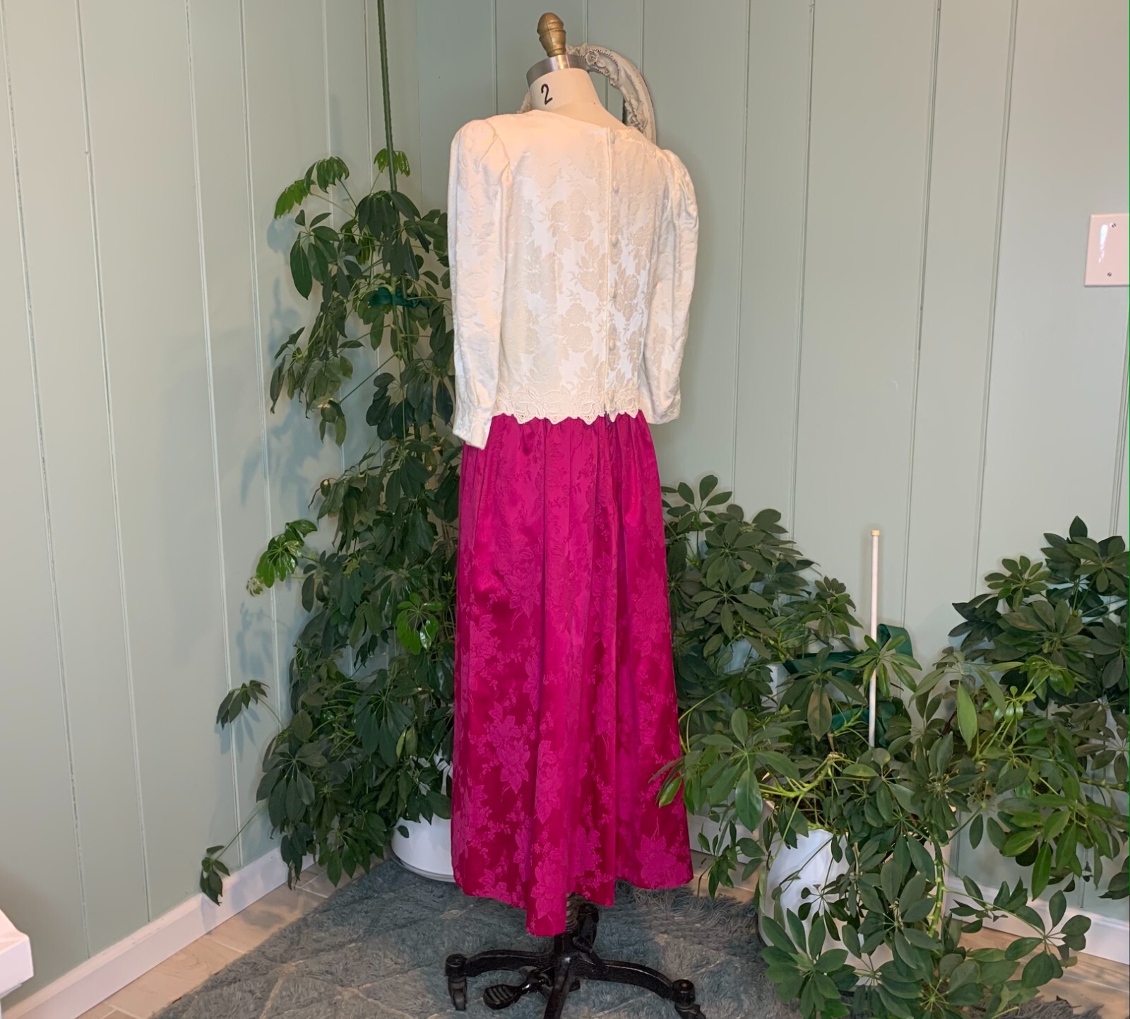 Vintage 1980s Deep Pink White Embossed Matte Satin Formal Tea Length Dress Lanz