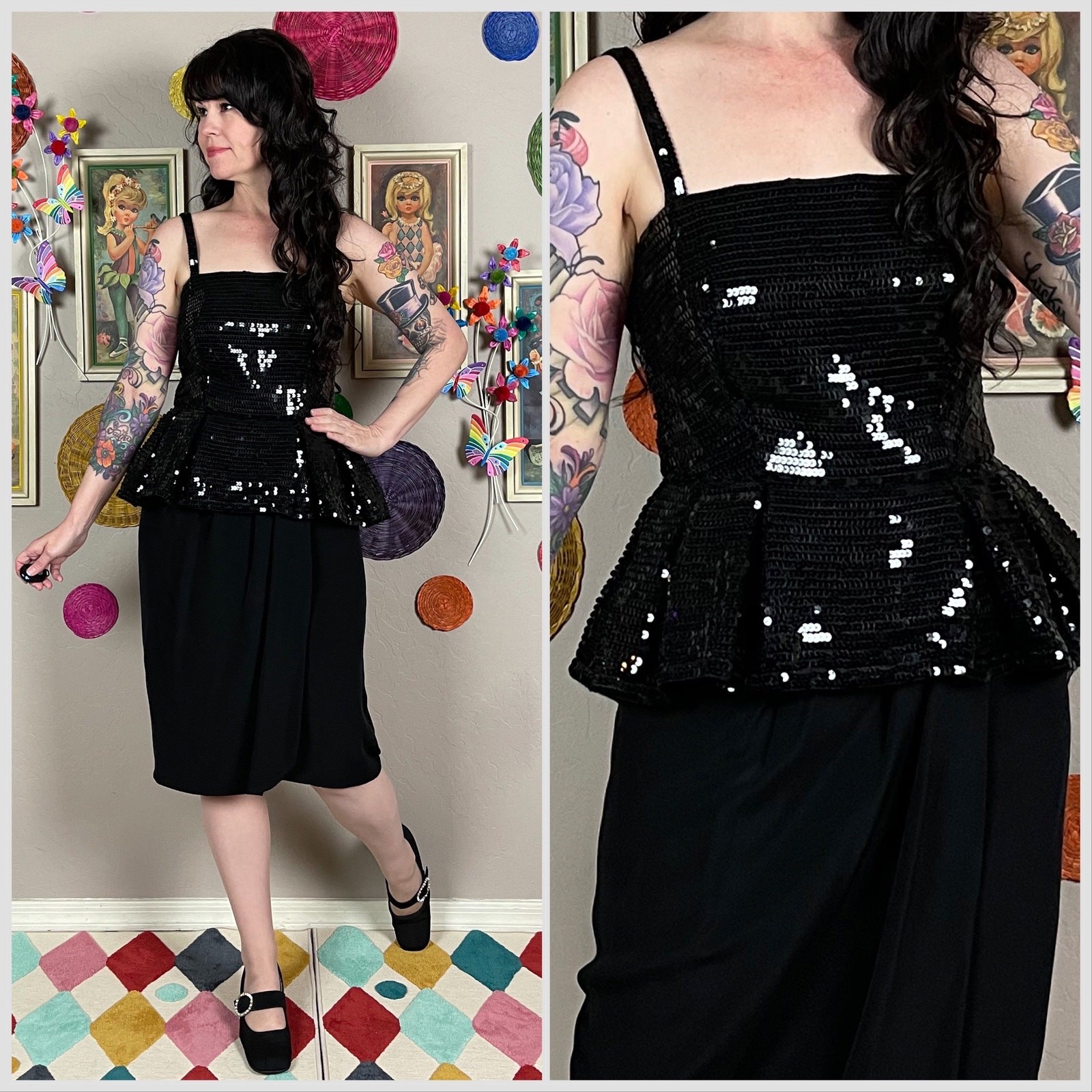 Vintage 1980s Sleeveless Black Sequins Peplum Cocktail Dress | 28&Prime; Waist