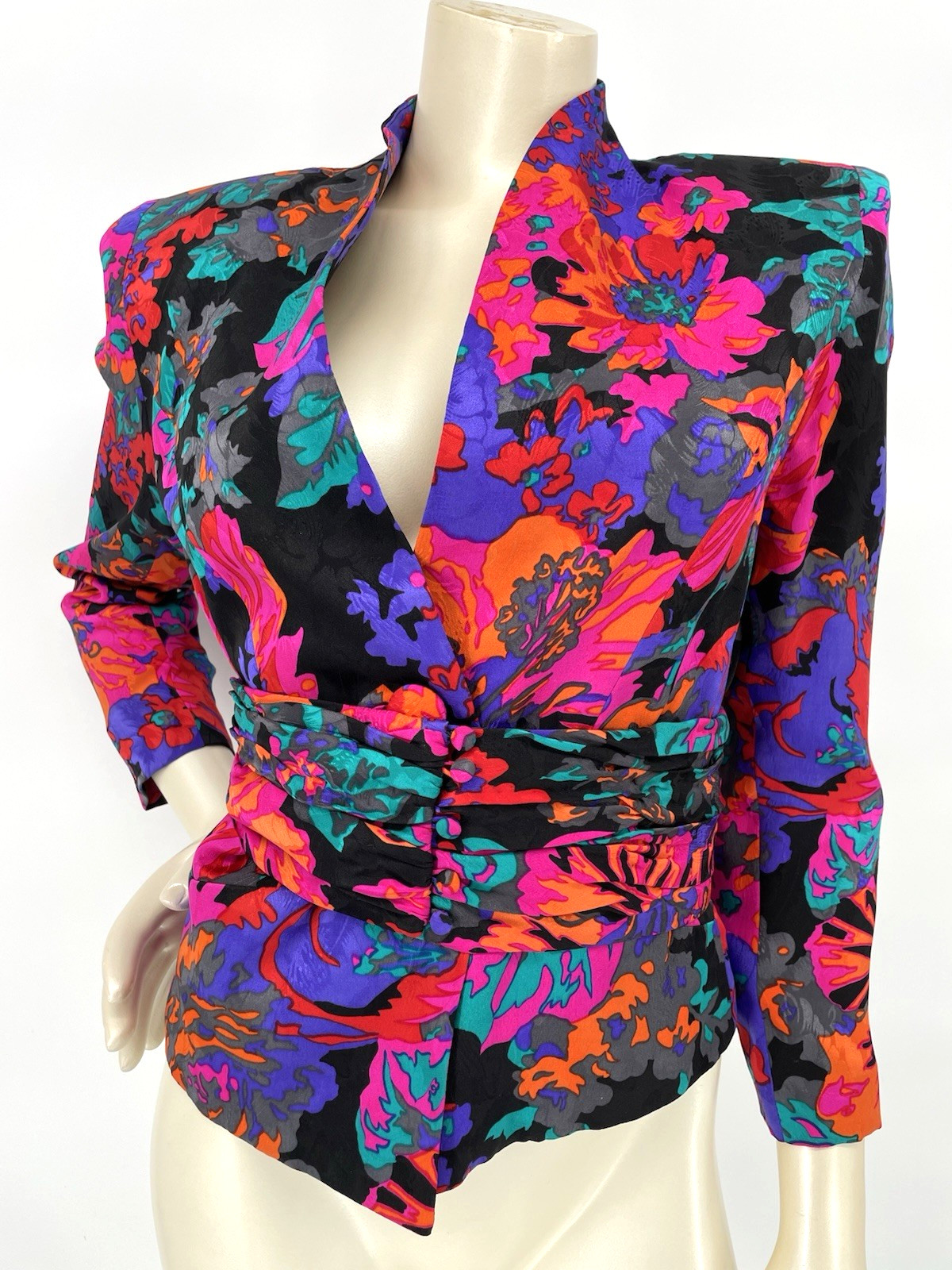 Vintage Iconic 80s Flora Kung Bold Abstract Floral Silk Asian Jacket Obi Belt XS