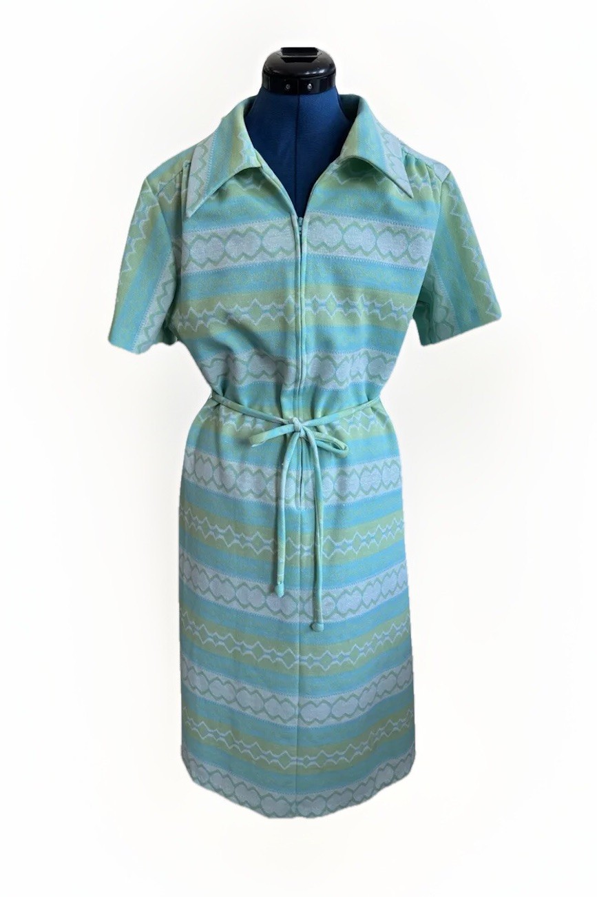 Vintage 70s Mod Shirt Dress Blue Green Stripe Belt Zip Knit Retro Diner Granny