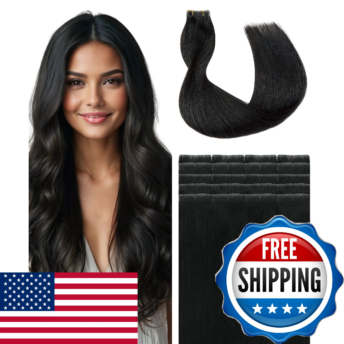 SURNEL Natural Black 14in Tape-in Hair Extensions 20pcs Seamless Remy Human Hair