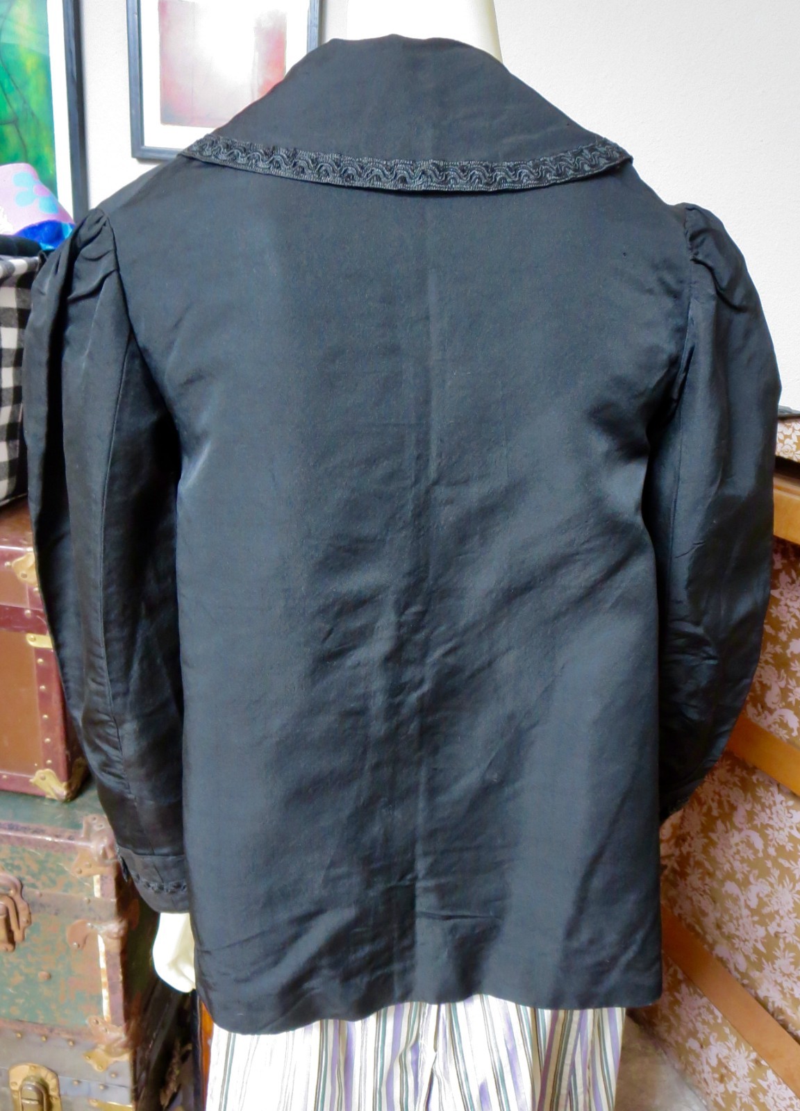 1900 Black Silk Jacket Black Silk Trim & Beaded Embellishment down front AS IS