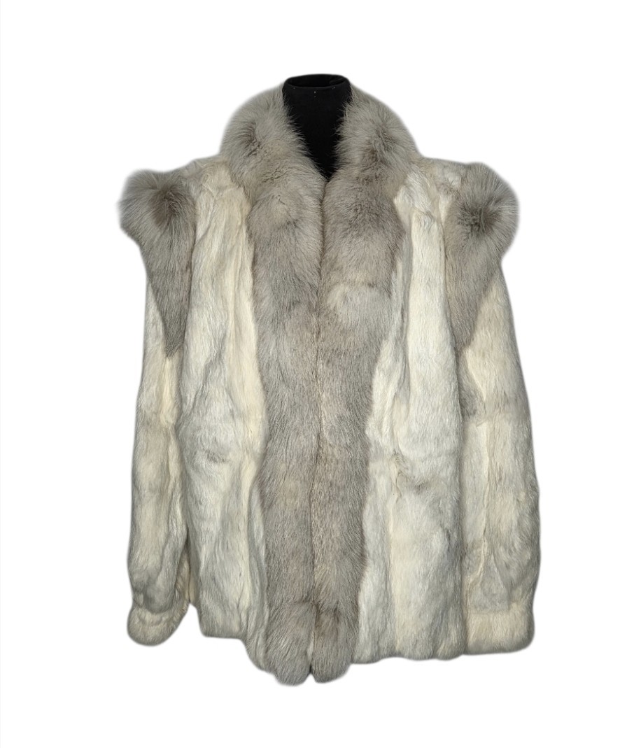 VTG Rabbit Fur Coat Fur Trim Collar Jacket Old Hollywood Glam Luxury Fits XL
