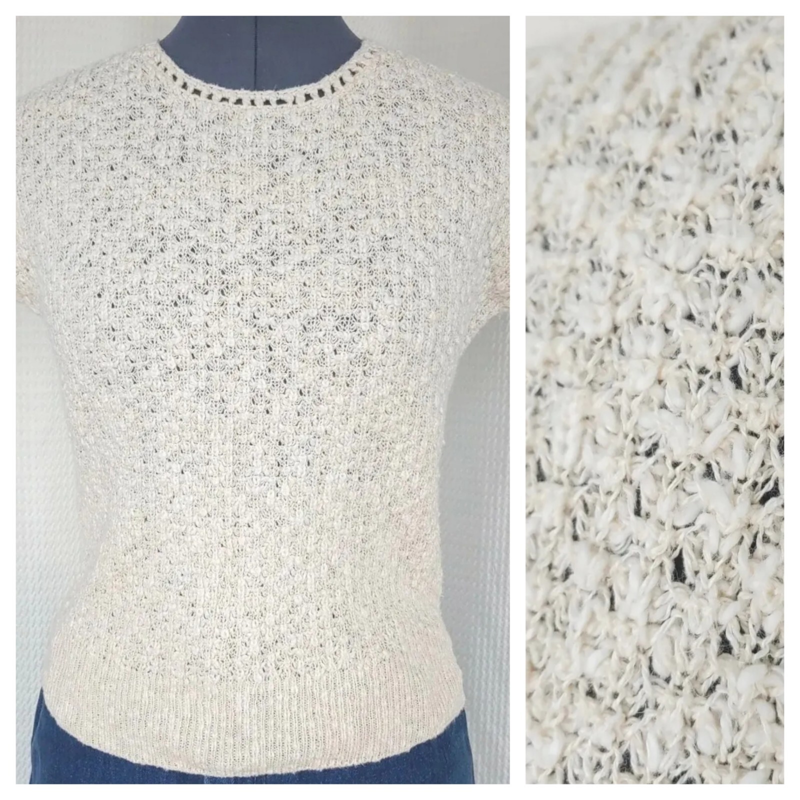Vintage Rafaella Cream Drop Shoulder Sweater w Crochet Detail Neckline Size SM