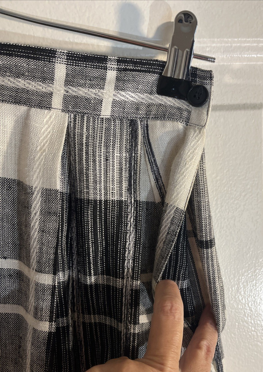 Vintage Lloyd Williams Plaid Linen Blend Midi Skirt Cream Black VTG 4 XS‑S USA