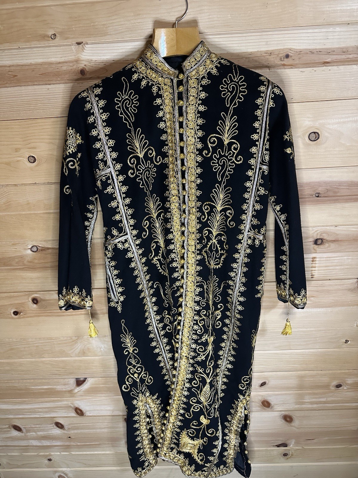 Vintage Handmade Black Velvet Moroccan Kaftan with Gold Embroidery