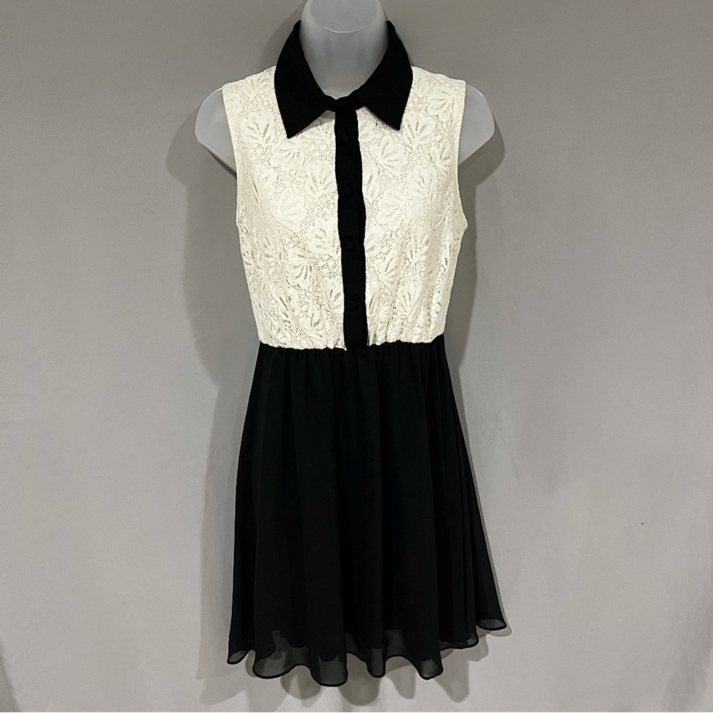 Bisou Bisou Vintage Dress Womens 4 Lace Collared Sleeveless A-Line Black/Ivory