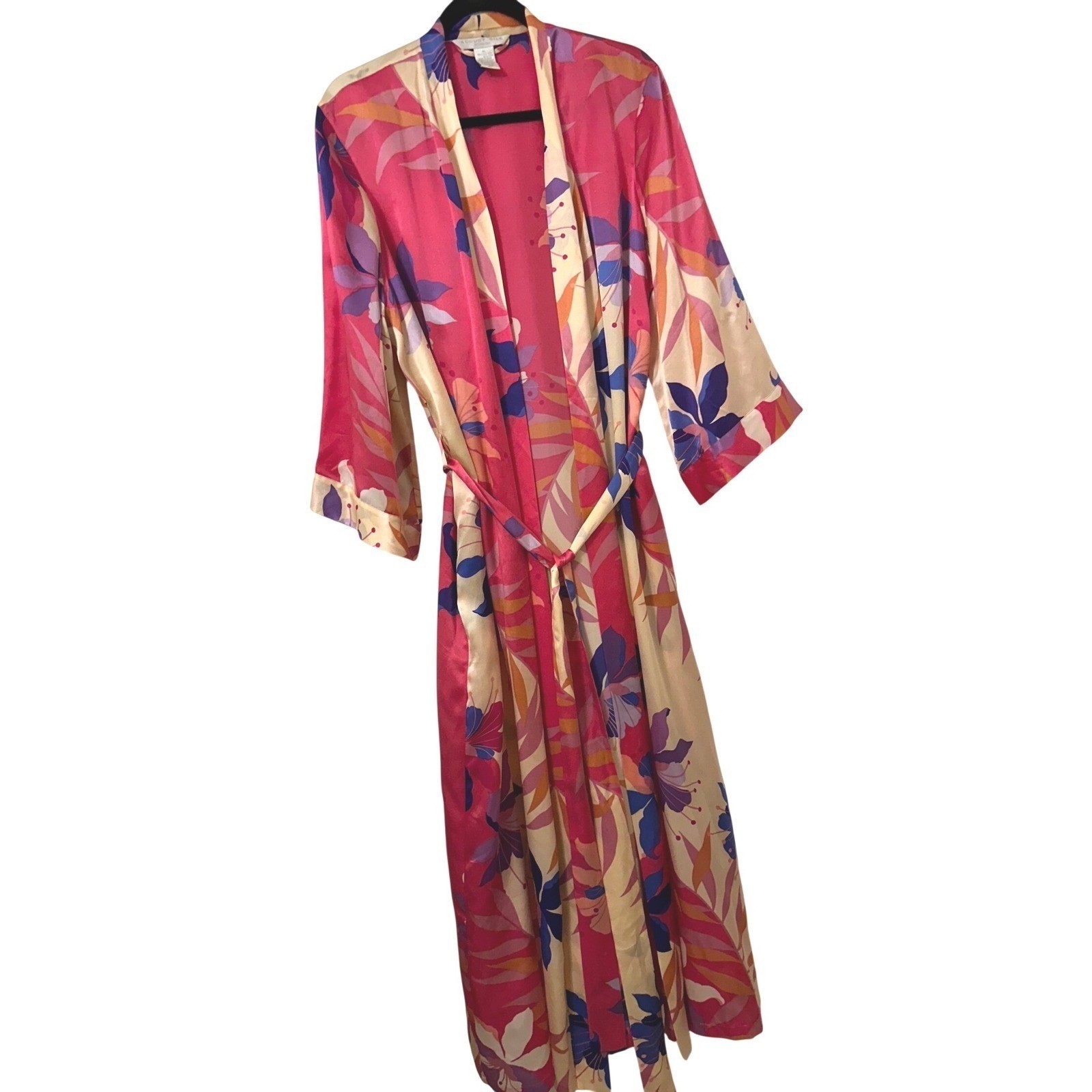 August Silk Intimates Pink Floral 100% Silk Vintage Long Wrap Robe XL Tropical