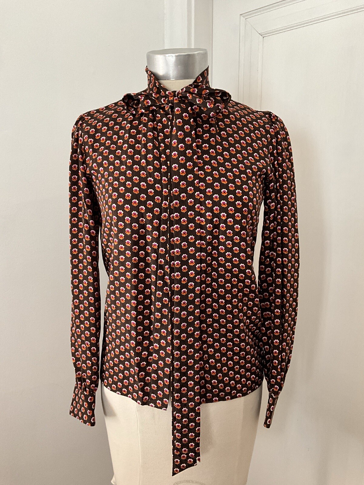Vintage 1970&rsquo;s Yves Saint Laurent Silk Blouse with Ties and Gathered Shoulders