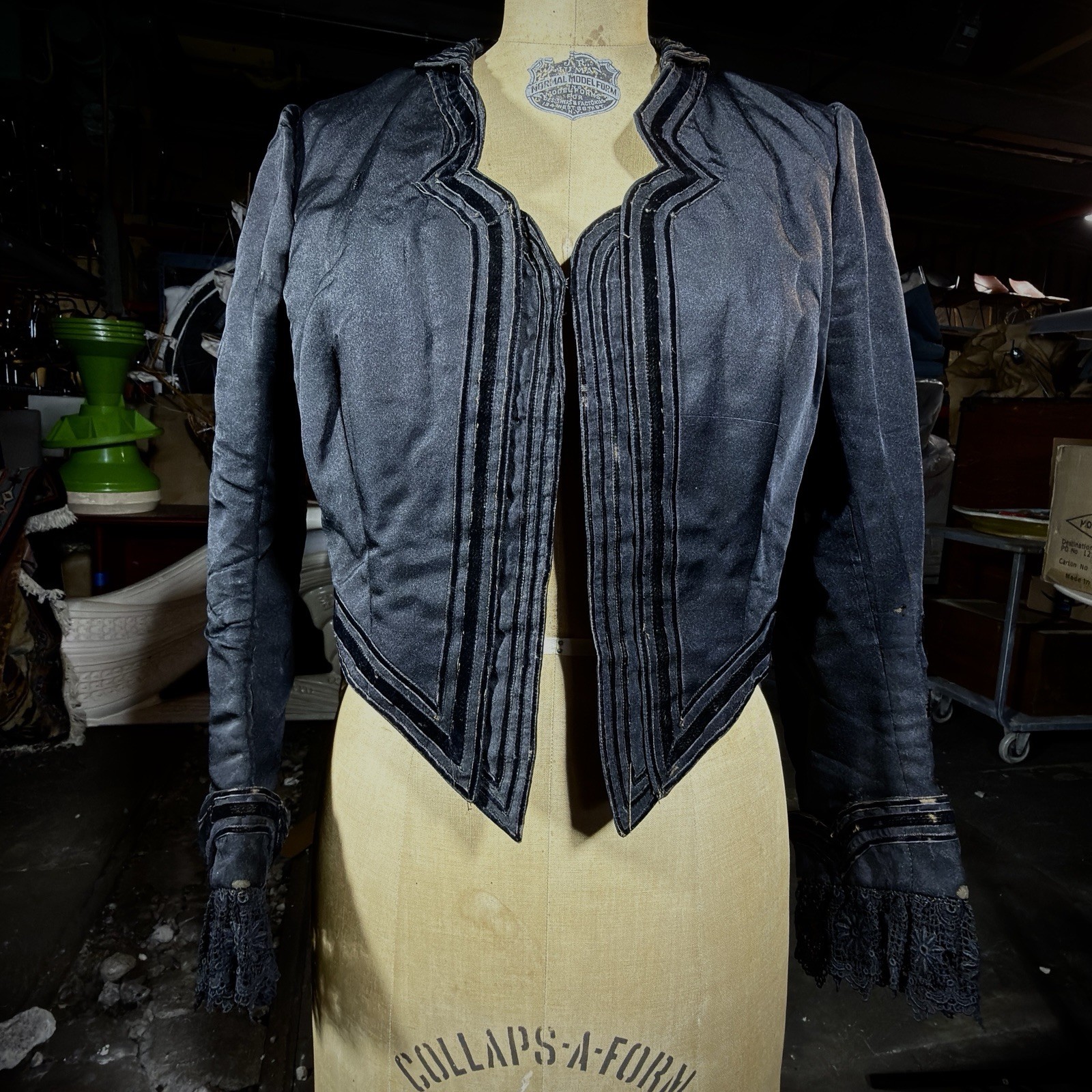 Antique Satin Victorian Mourning Bodice | 1880s Structured Tailored Jacket Goth