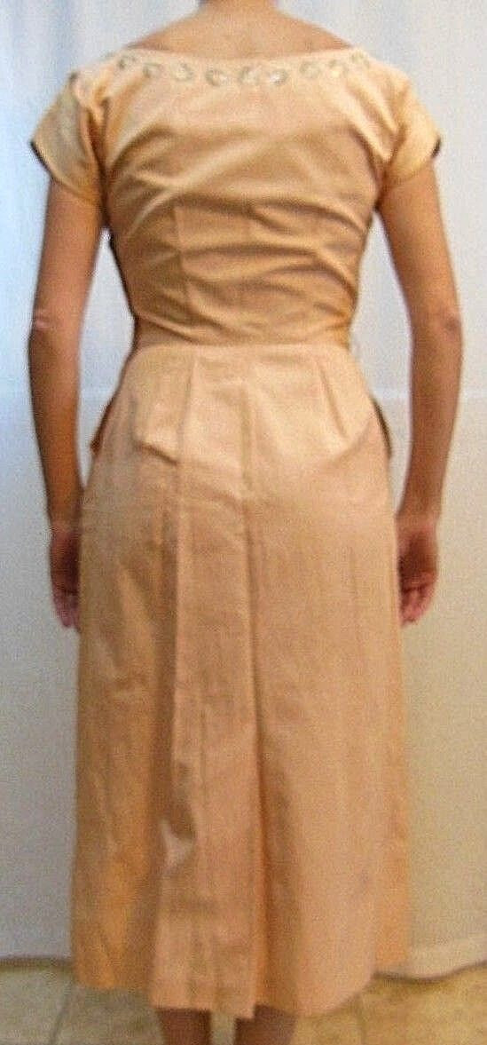 Vintage 1950&rsquo;s PEACHY PINK FAILLE DRESS Metal Rhinestones Embellishment – Size S