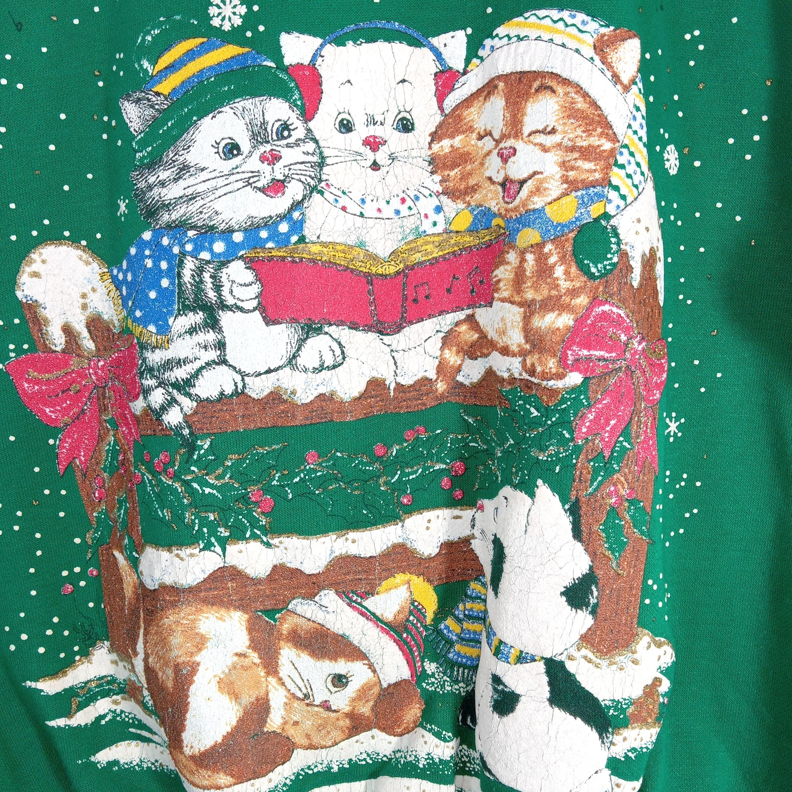 Nutcracker Green Christmas Kittens Sweatshirt Size XLarge Vintage Graphic Cat