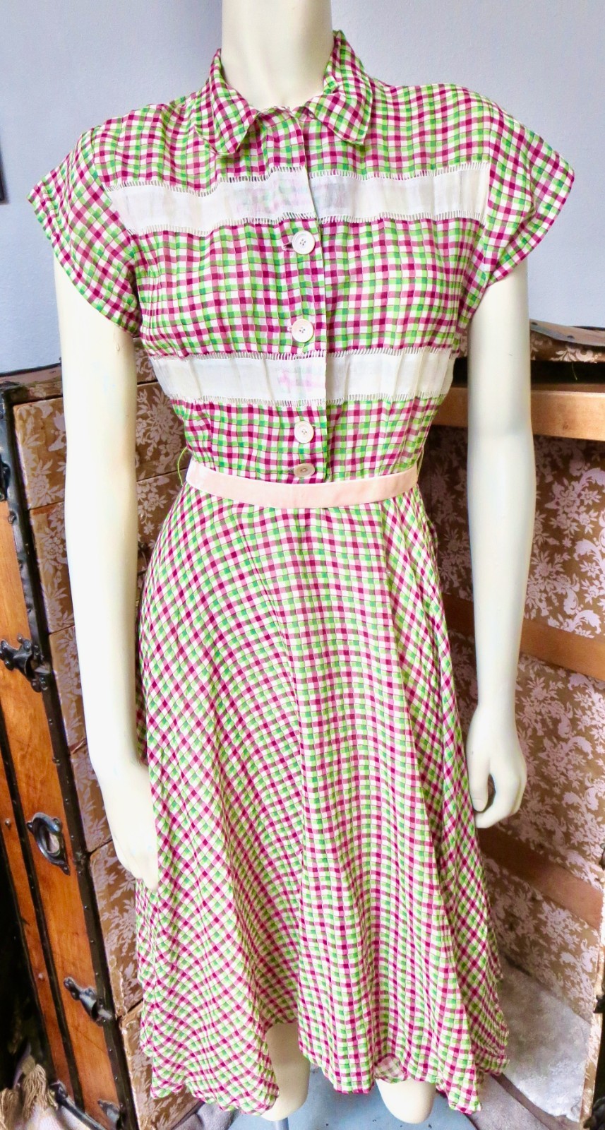1930s Pink And Green Gingham Check Dress Button Front Needs Hook & Eye S/M