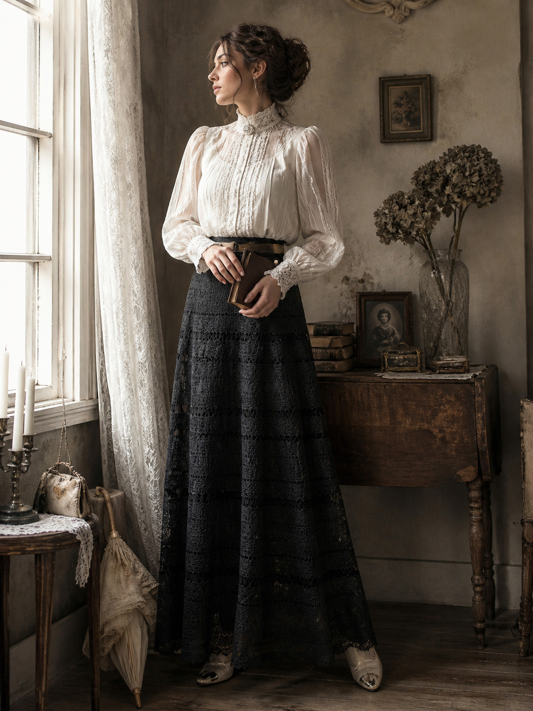 Antique Edwardian 1900 Cotton Gothic Lace Skirt Vintage 44/46