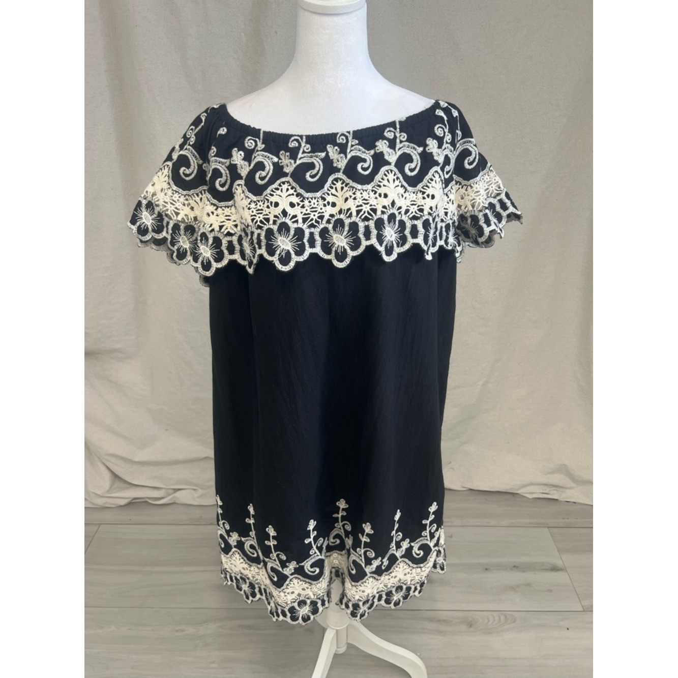 Fever Cottagecore Dress Embroidered Lace Off the Shoulder Black White Sz XL Boho