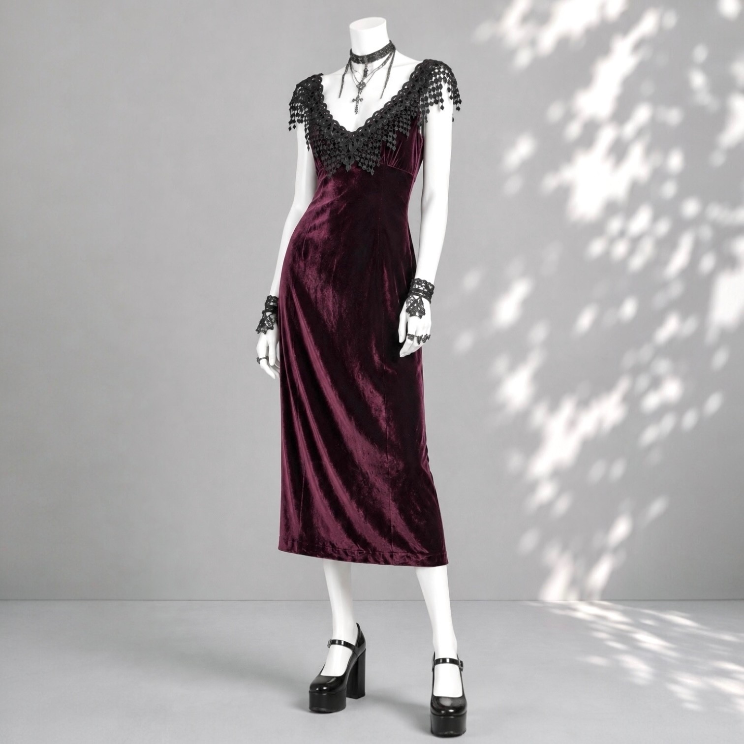 Carole Little Vintage Goth Velvet Midi Dress Purple Black Lace Collar Size XS