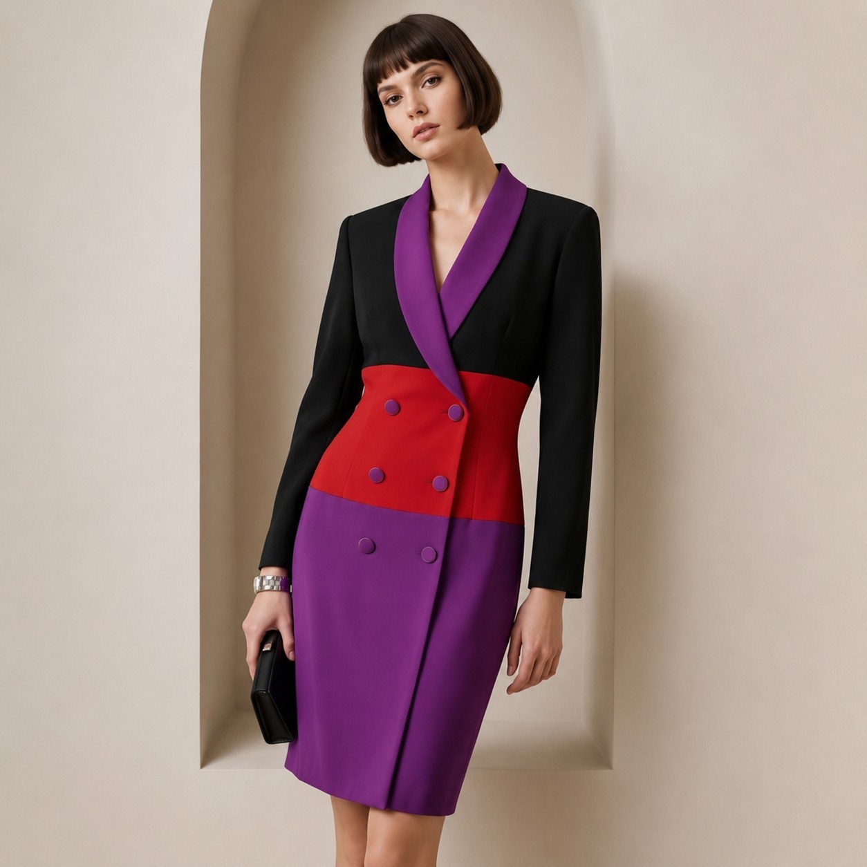 Vintage 80s Color Block Power Dress Size 16 Double Breasted Blazer Dress