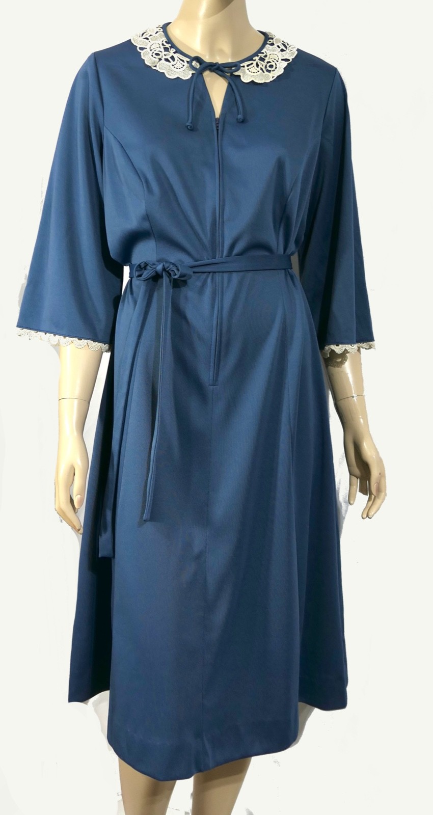 Vintage 70s Toni Todd Lace Collar Blue Lounge House Dress Belted Plus XXL