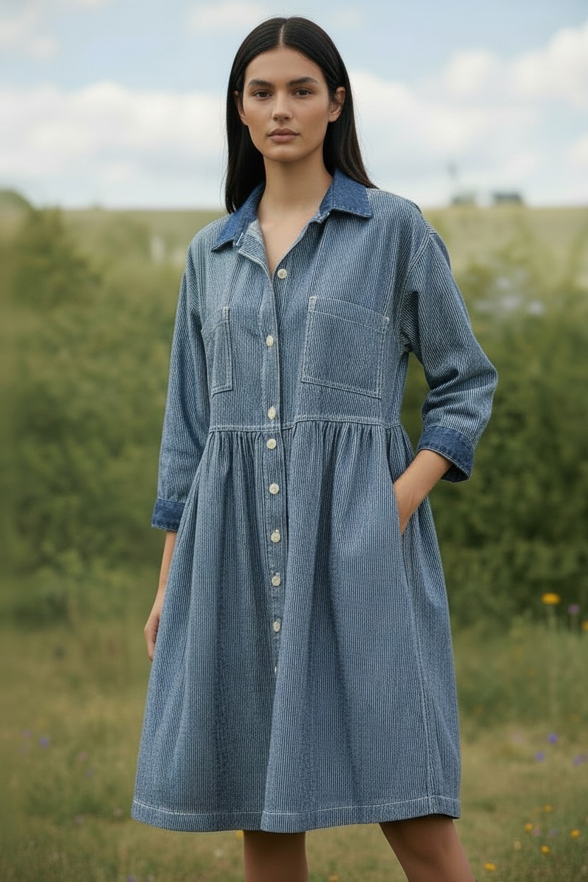 Vintage 80s/90s Hickory Railroad Stripe Denim Prairie Shirt Dress Made in USA 10